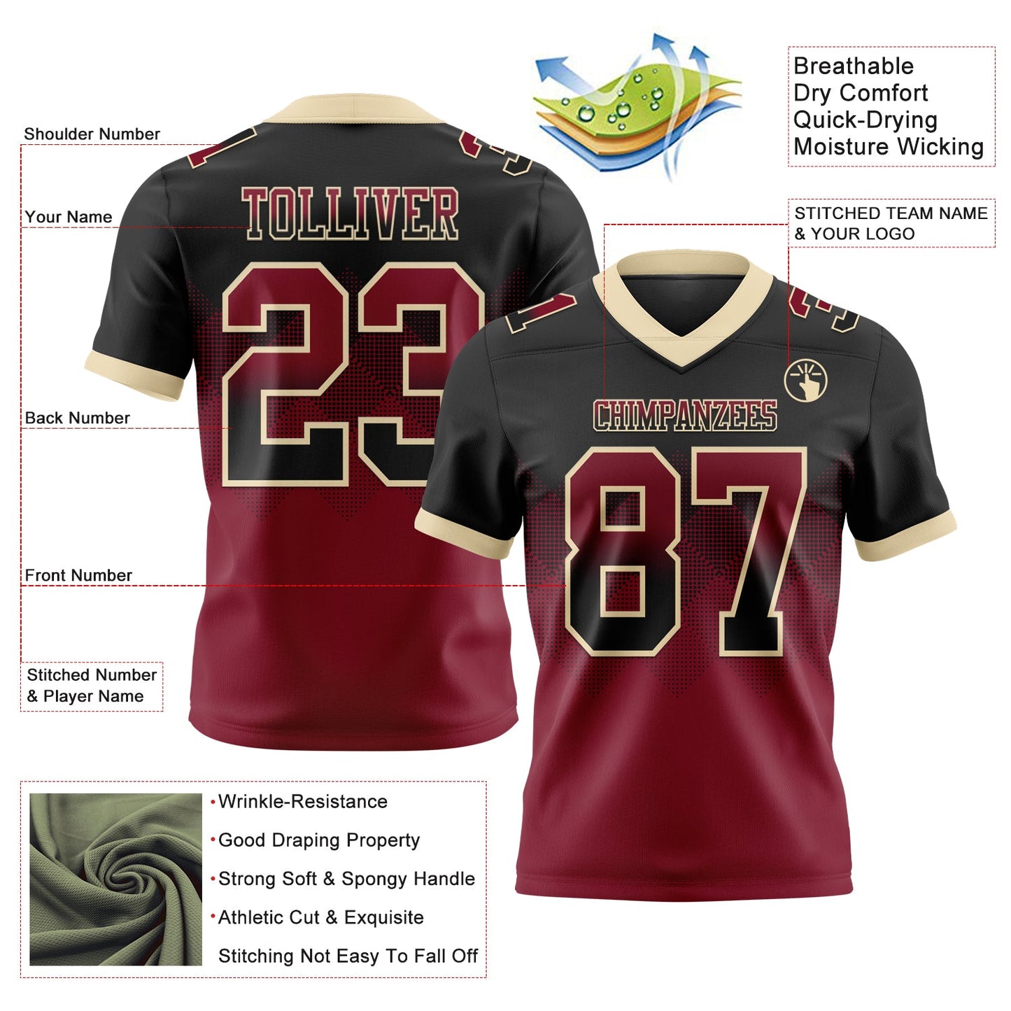 Custom Black Crimson-Cream Authentic Gradient Square Shape Flag Football Jersey