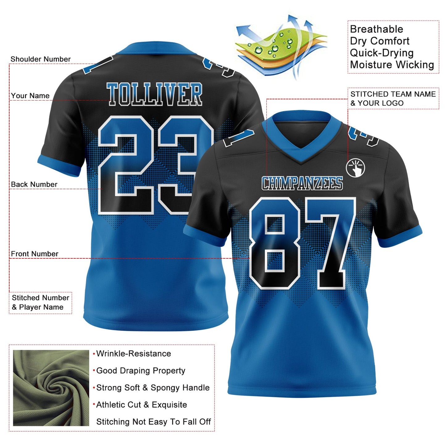 Custom Black Blue-White Authentic Gradient Square Shape Flag Football Jersey