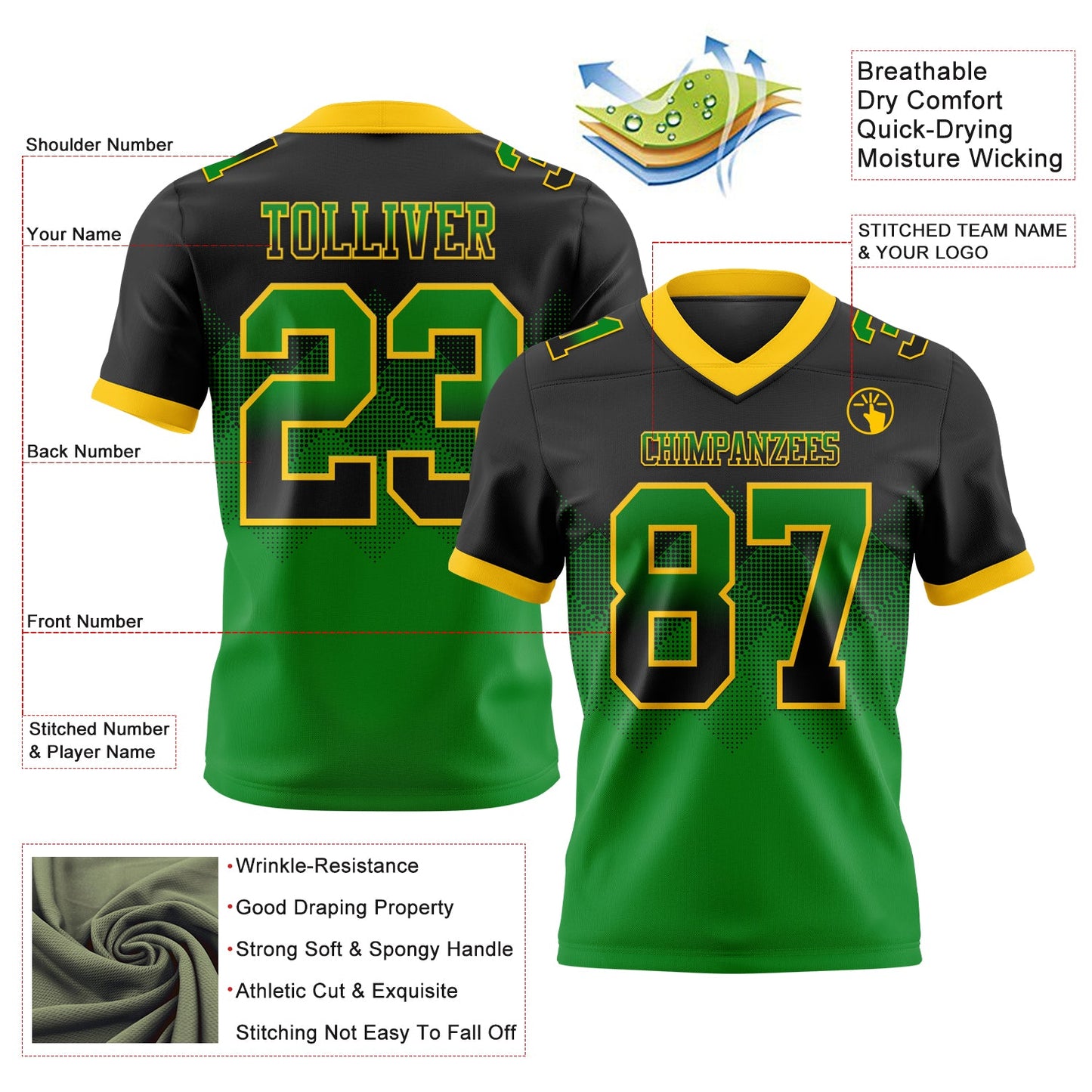 Custom Black Grass Green-Yellow Authentic Gradient Square Shape Flag Football Jersey