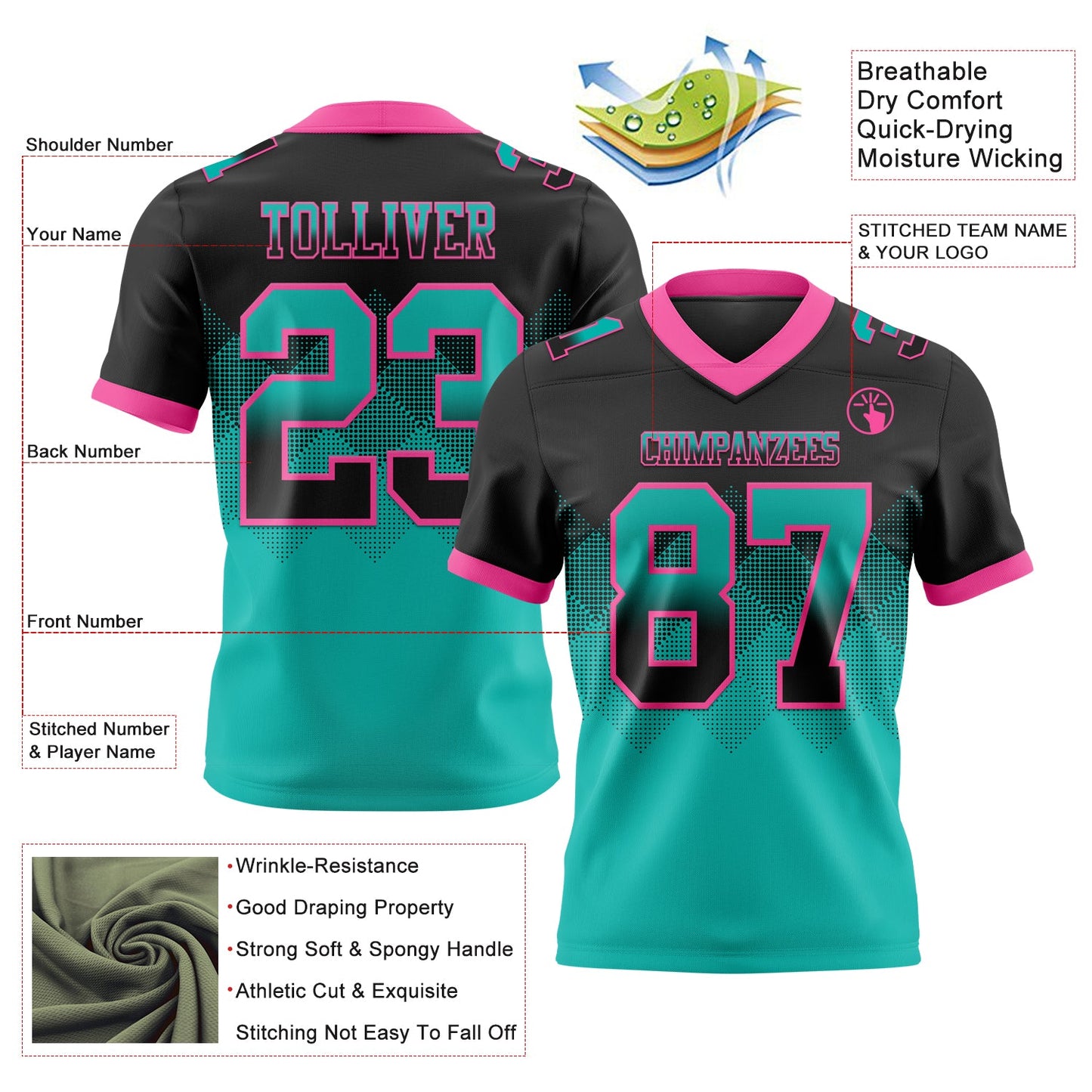 Custom Black Aqua-Pink Authentic Gradient Square Shape Flag Football Jersey