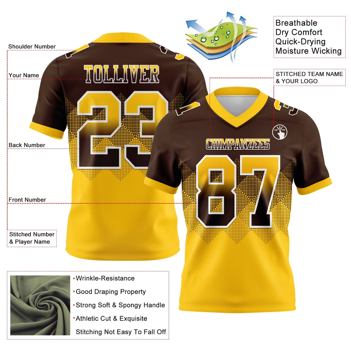 Custom Brown Yellow-White Authentic Gradient Square Shape Flag Football Jersey