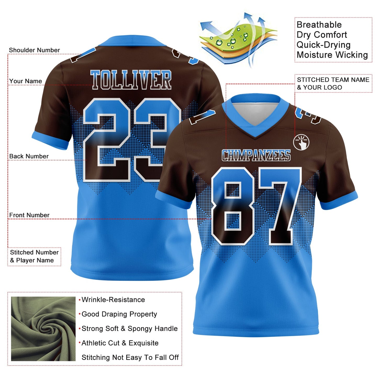 Custom Brown Powder Blue-White Authentic Gradient Square Shape Flag Football Jersey