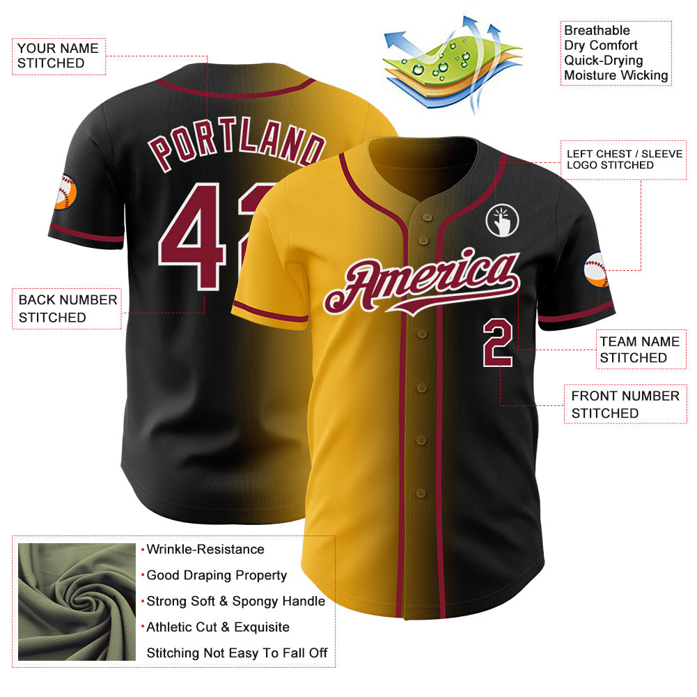 Custom Black Crimson Gold-White Authentic Gradient Fashion Baseball Jersey