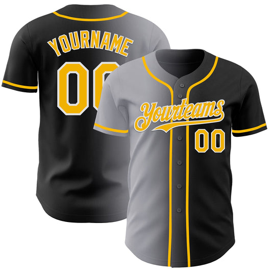 Custom Black Gold Gray-White Authentic Gradient Fashion Baseball Jersey