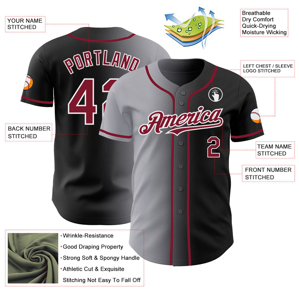Custom Black Crimson Gray-White Authentic Gradient Fashion Baseball Jersey