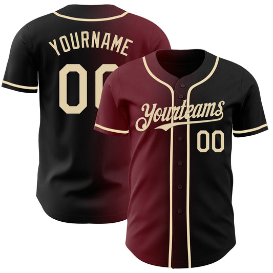 Custom Black Cream-Burgundy Authentic Gradient Fashion Baseball Jersey