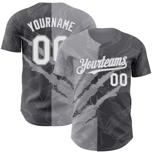 Custom Graffiti Pattern White Steel Gray-Gray 3D Scratch Authentic Baseball Jersey