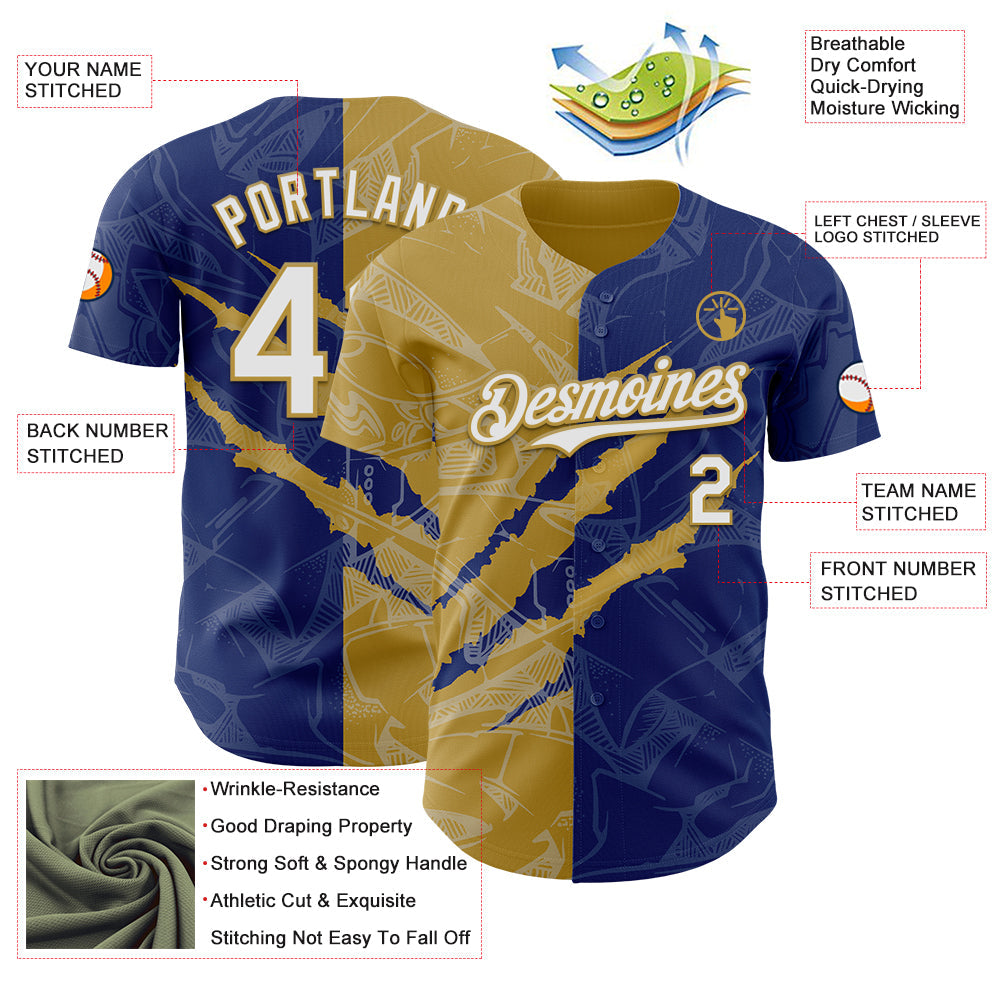 Custom Graffiti Pattern White Royal-Old Gold 3D Scratch Authentic Baseball Jersey