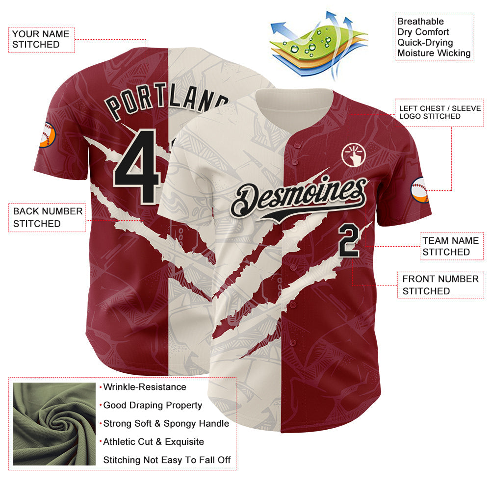 Custom Graffiti Pattern Black Crimson-Cream 3D Scratch Authentic Baseball Jersey