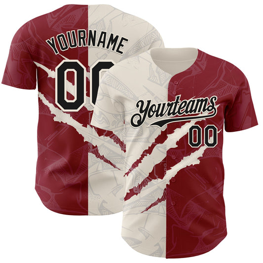 Custom Graffiti Pattern Black Crimson-Cream 3D Scratch Authentic Baseball Jersey