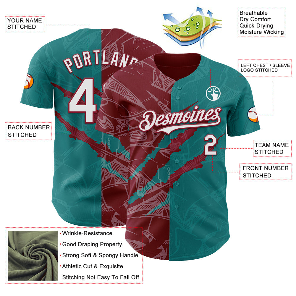 Custom Graffiti Pattern White Teal-Crimson 3D Scratch Authentic Baseball Jersey
