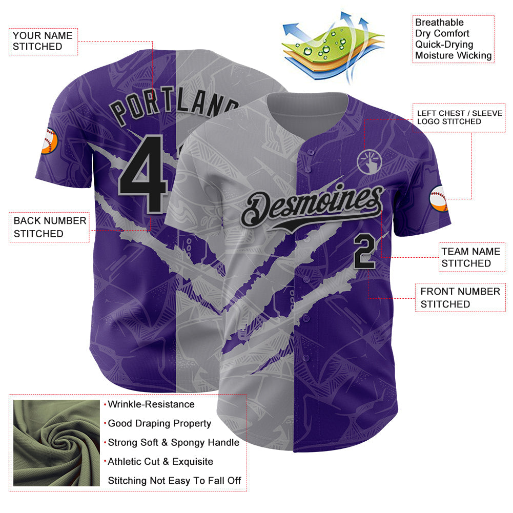 Custom Graffiti Pattern Black Purple-Gray 3D Scratch Authentic Baseball Jersey