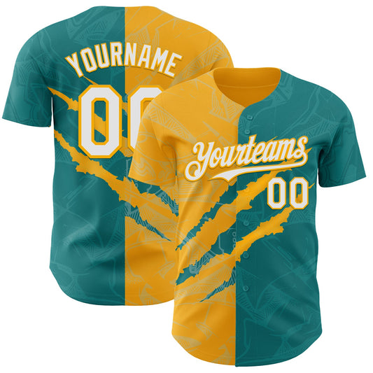 Custom Graffiti Pattern White Teal-Gold 3D Scratch Authentic Baseball Jersey