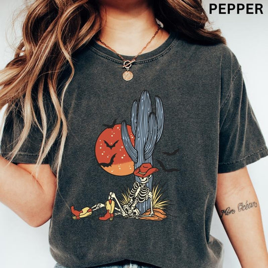 Graphic Halloween Shirt,  Desert Skeleton Shirt, Western Halloween Shirt, Fall shirt, Comfort Colors Halloween Shirt, Casual Shirt Unisex, Halloween Clothing, Graphic Halloween Apparel, Casual Cotton T-shirt, Unisex Halloween