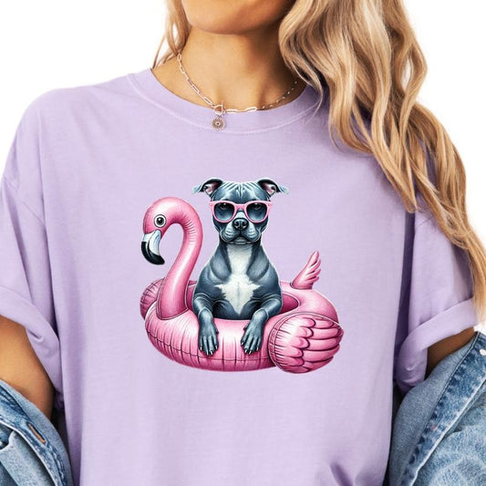 Grey Pitbull Flamingo Float Dog Shirt ~ Unisex Apparel Relaxed Fit Printed In The USA Clothing Womenswear Casual Comfort Cotton Top Athletic Boho Chic