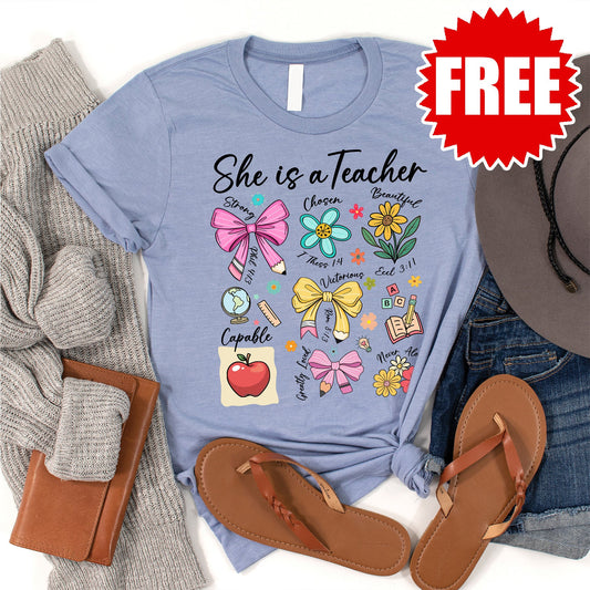 She Is Teacher Tee - Heather Blue - 0