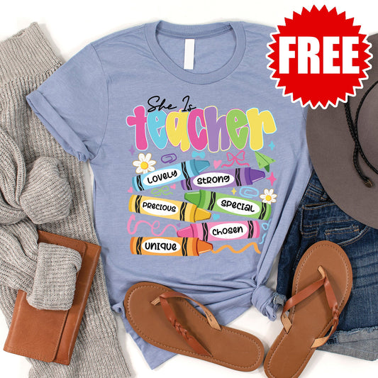She Is Teacher Tee - Heather Blue - 0 Style001