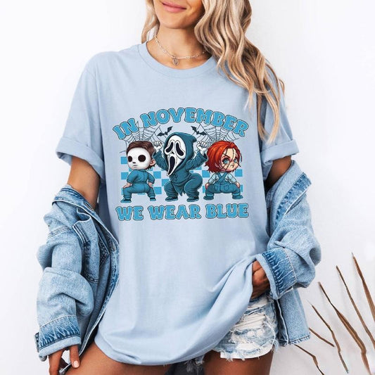 In November We Wear Blue Shirt, Jason Voorhees Ghostface And Pennywise Shirt Halloween Character Diabetes Awareness Tshirt, Diabetes Awareness Month Shirt halloween