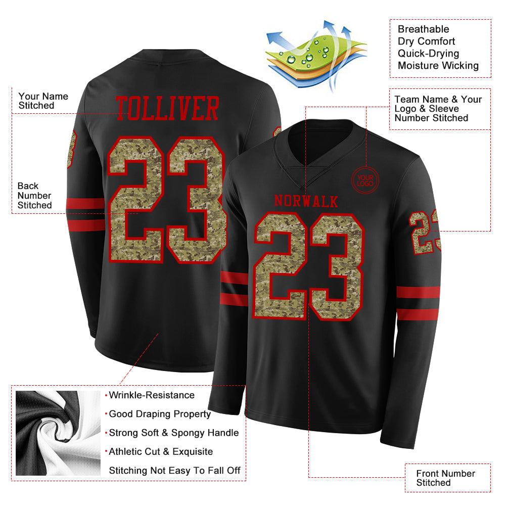 Custom Black Camo-Red Long Sleeve Authentic Football Jersey
