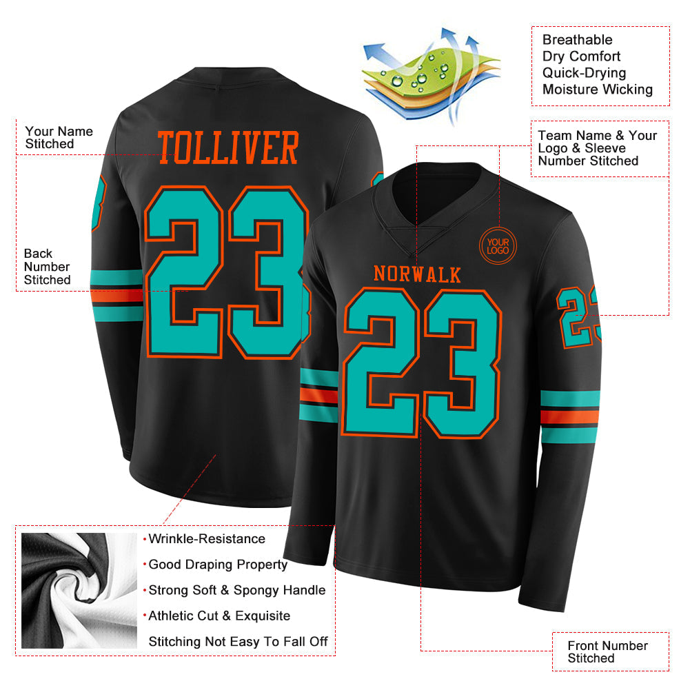 Custom Black Aqua-Orange Long Sleeve Authentic Football Jersey