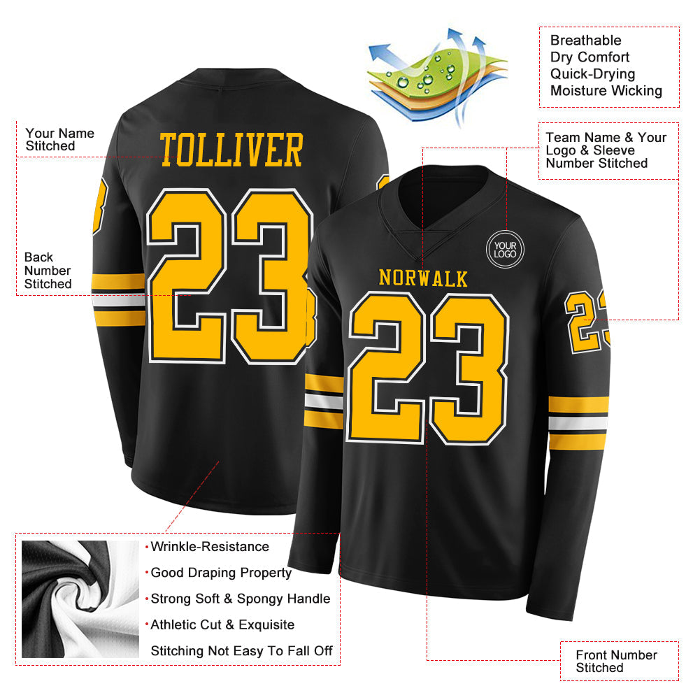 Custom Black Gold-White Long Sleeve Authentic Football Jersey