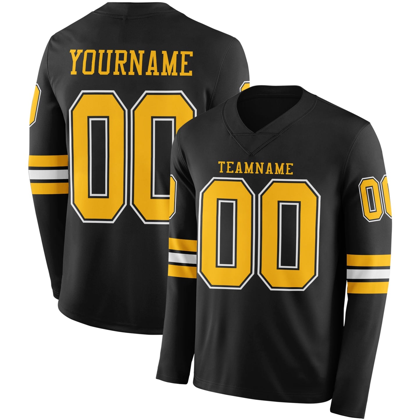 Custom Black Gold-White Long Sleeve Authentic Football Jersey