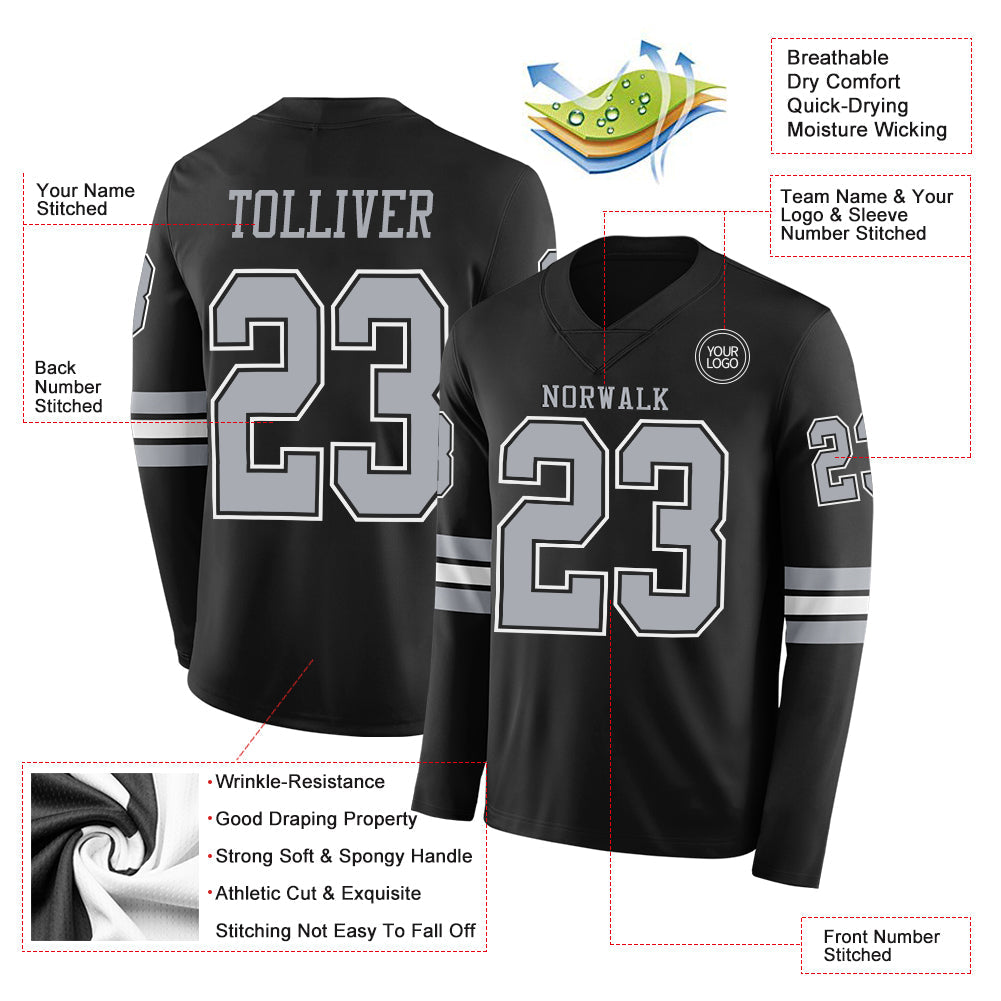 Custom Black Gray Long Sleeve Authentic Football Jersey