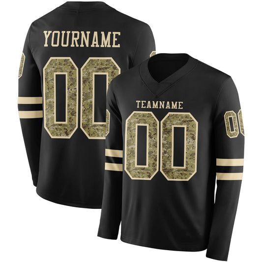 Custom Black Camo-Cream Long Sleeve Authentic Football Jersey