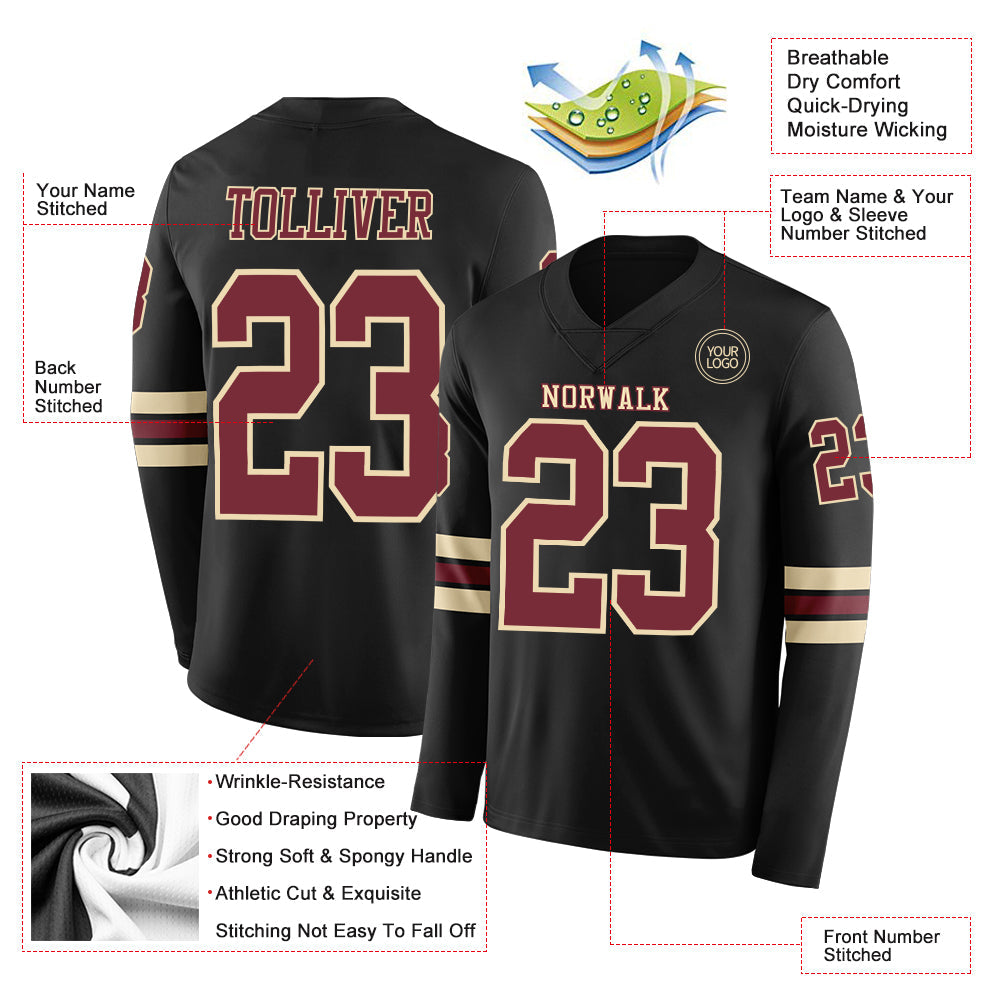 Custom Black Burgundy-Cream Long Sleeve Authentic Football Jersey