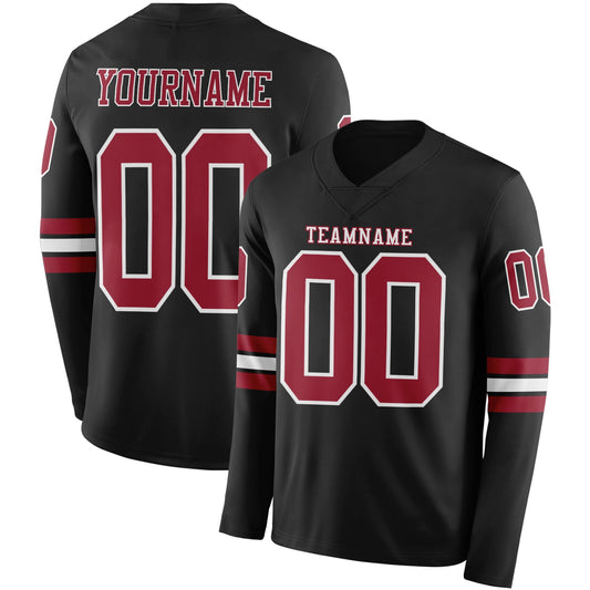 Custom Black Cardinal-White Long Sleeve Authentic Football Jersey