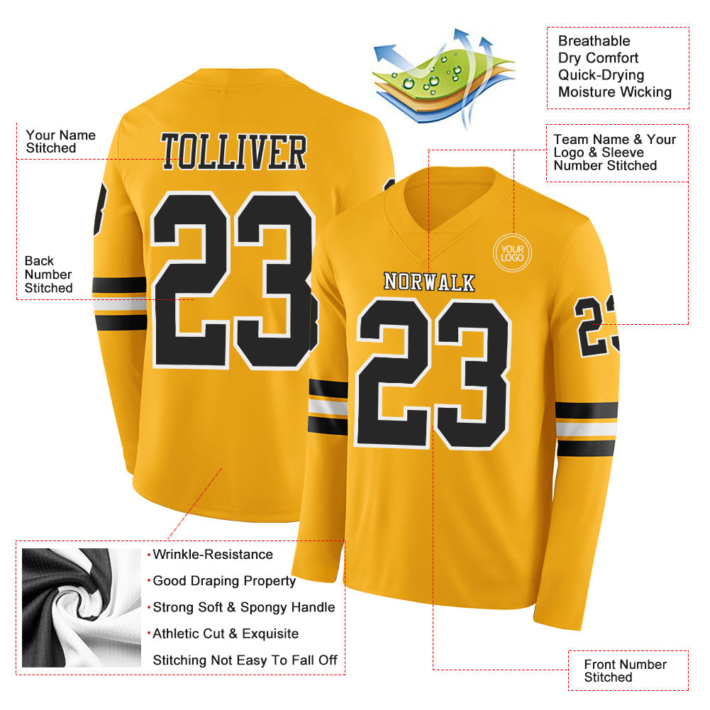 Custom Gold Black-White Long Sleeve Authentic Football Jersey