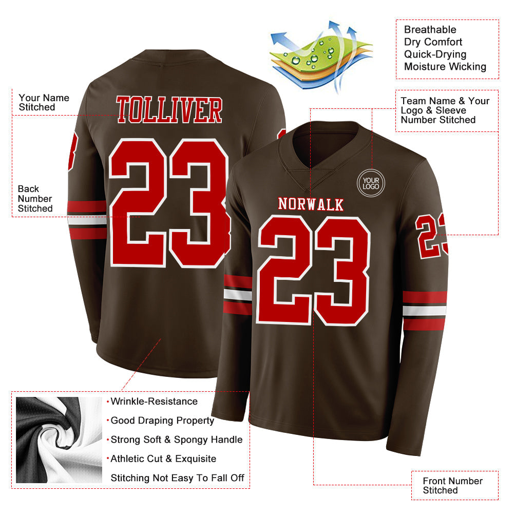 Custom Brwon Red-White Long Sleeve Authentic Football Jersey