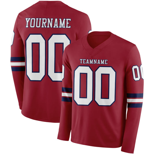 Custom Cardinal White-Navy Long Sleeve Authentic Football Jersey