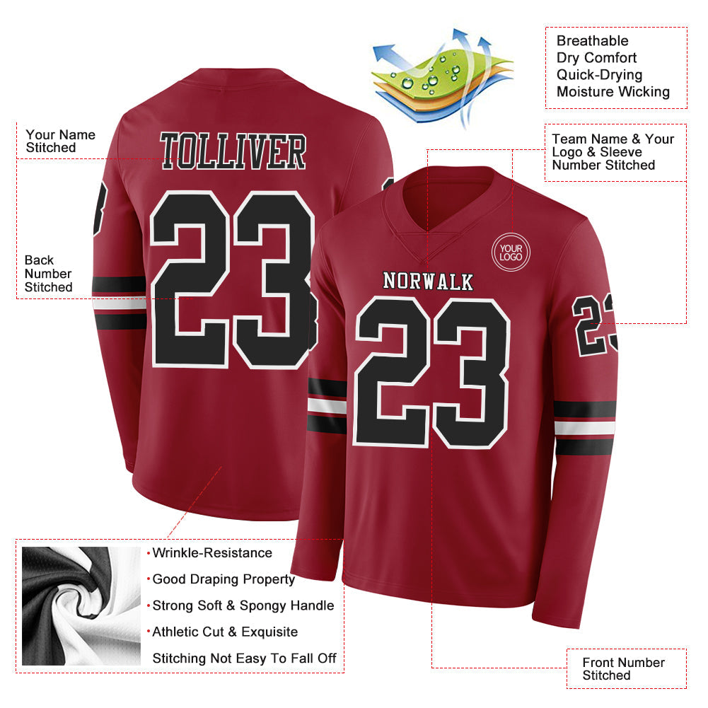 Custom Cardinal Black-White Long Sleeve Authentic Football Jersey