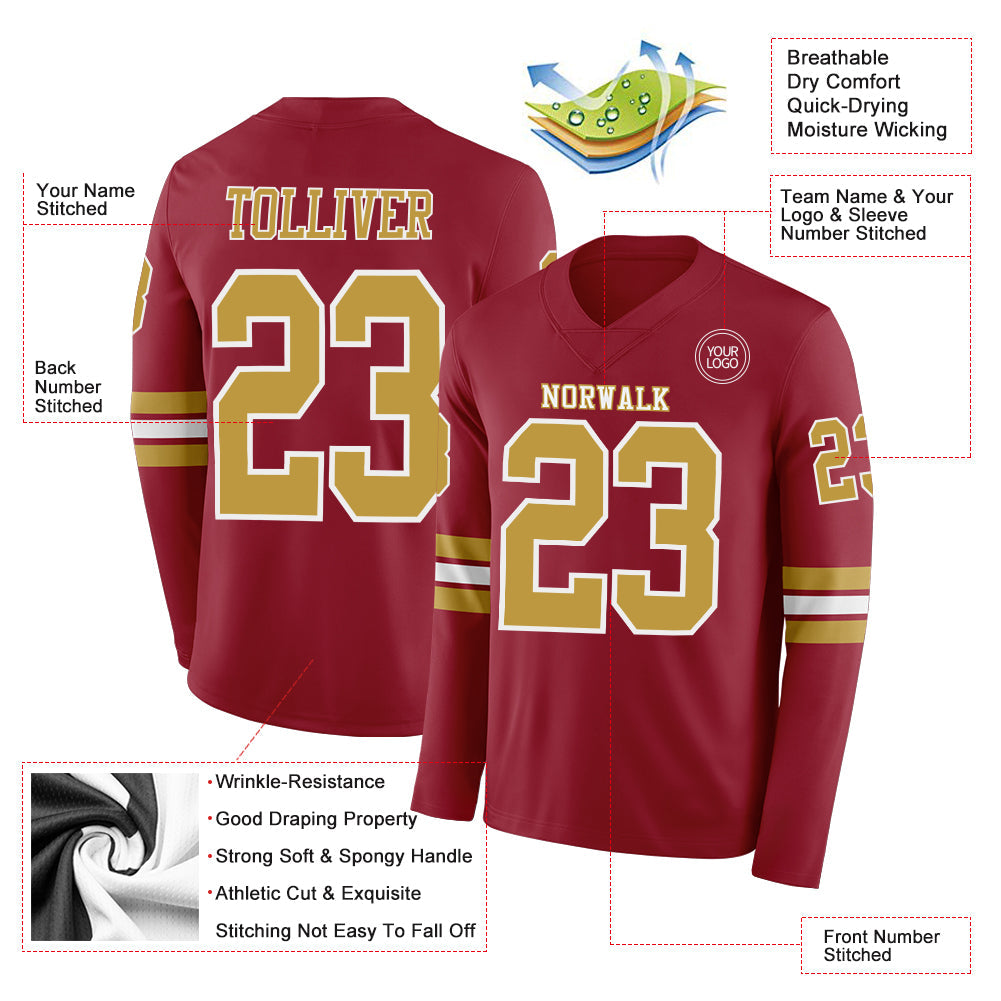 Custom Cardinal Old Gold-White Long Sleeve Authentic Football Jersey
