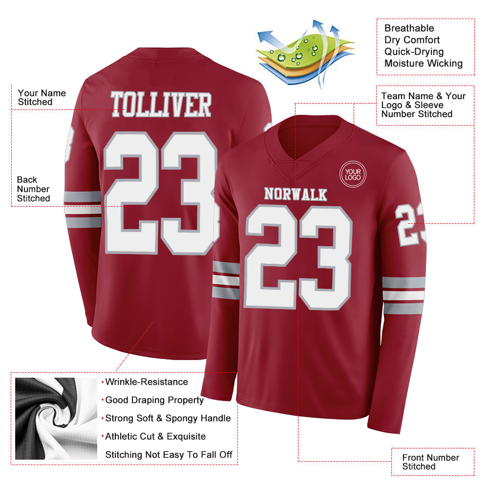 Custom Cardinal White-Gray Long Sleeve Authentic Football Jersey