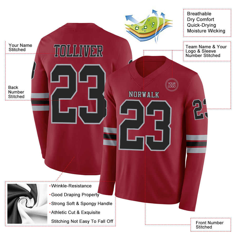 Custom Cardinal Black-Gray Long Sleeve Authentic Football Jersey