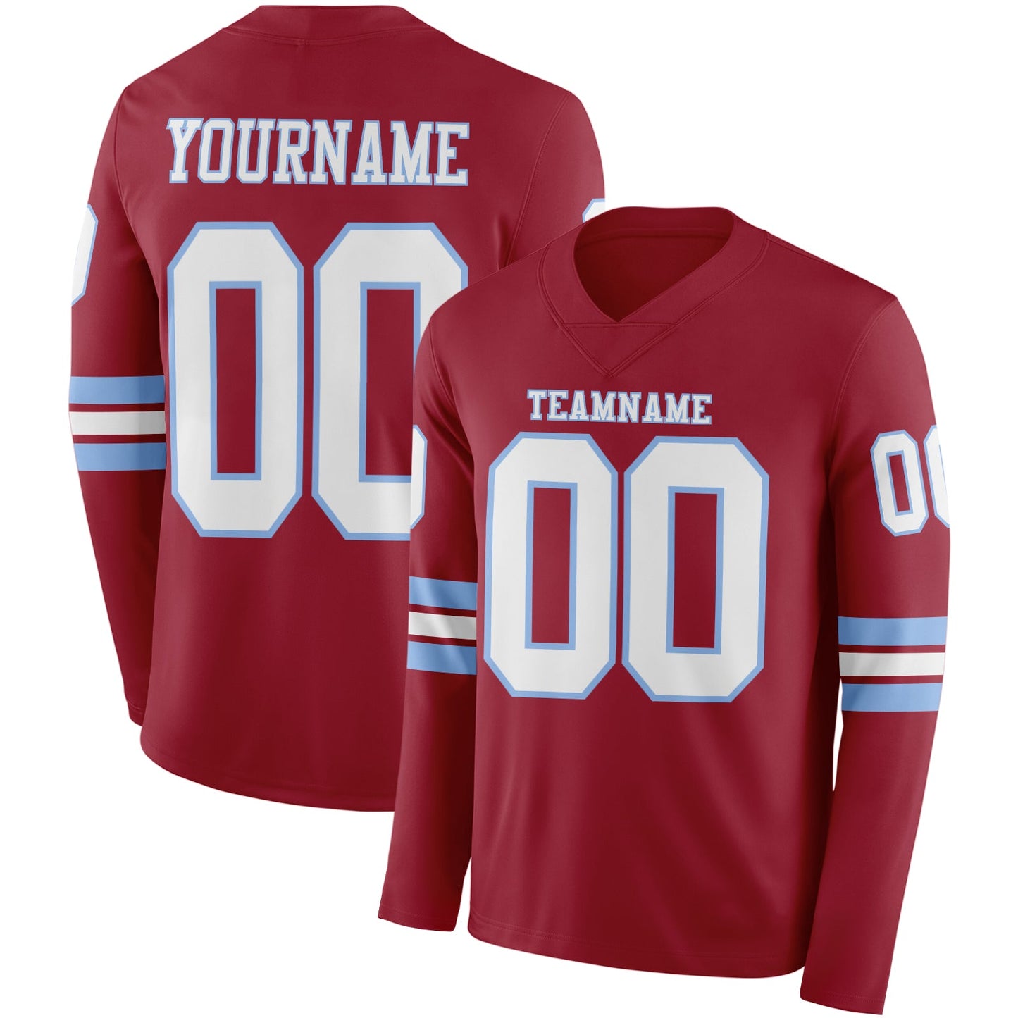 Custom Cardinal White-Light Blue Long Sleeve Authentic Football Jersey