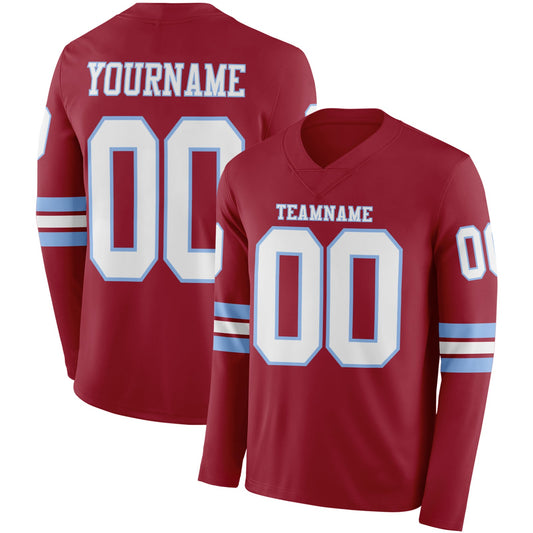 Custom Cardinal White-Light Blue Long Sleeve Authentic Football Jersey