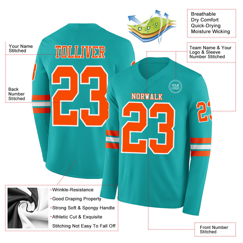 Custom Aqua Orange-White Long Sleeve Authentic Football Jersey
