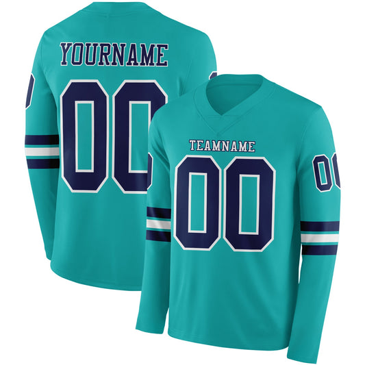 Custom Aqua Navy-White Long Sleeve Authentic Football Jersey