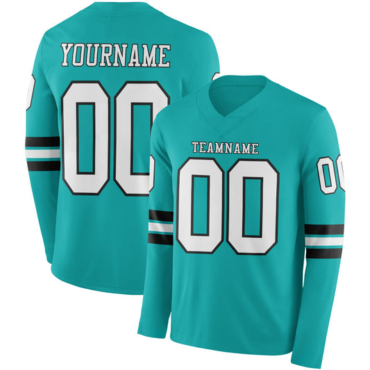 Custom Aqua White-Black Long Sleeve Authentic Football Jersey