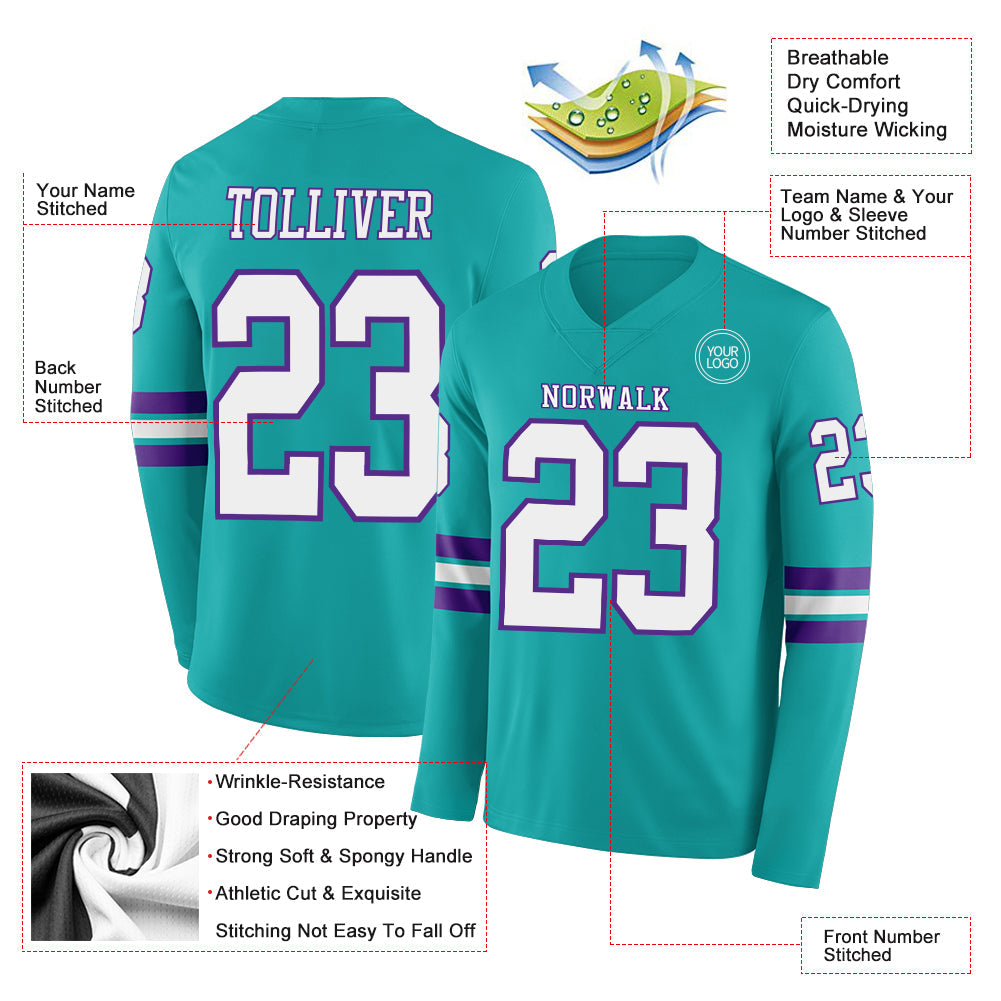 Custom Aqua White-Purple Long Sleeve Authentic Football Jersey