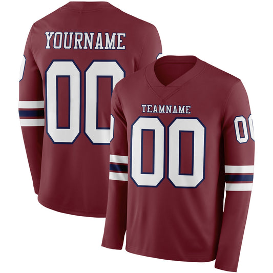 Custom Burgundy White-Navy Long Sleeve Authentic Football Jersey