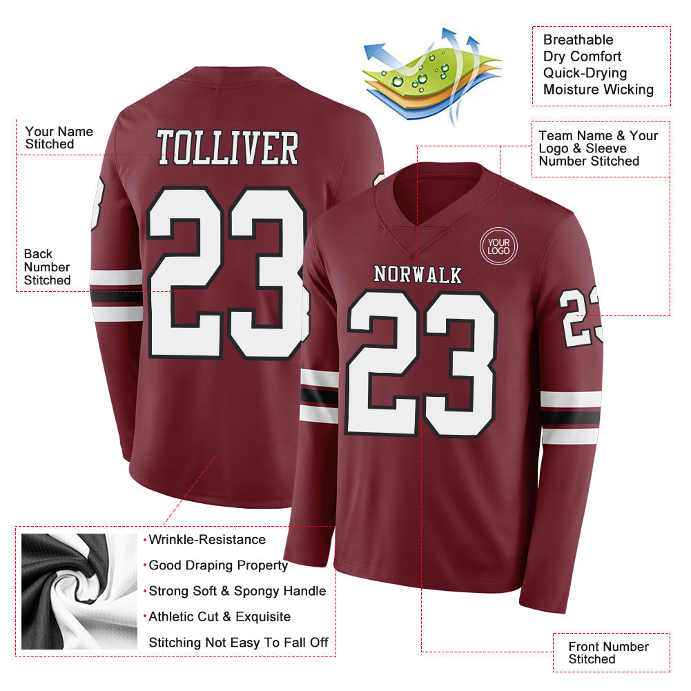 Custom Burgundy White-Black Long Sleeve Authentic Football Jersey