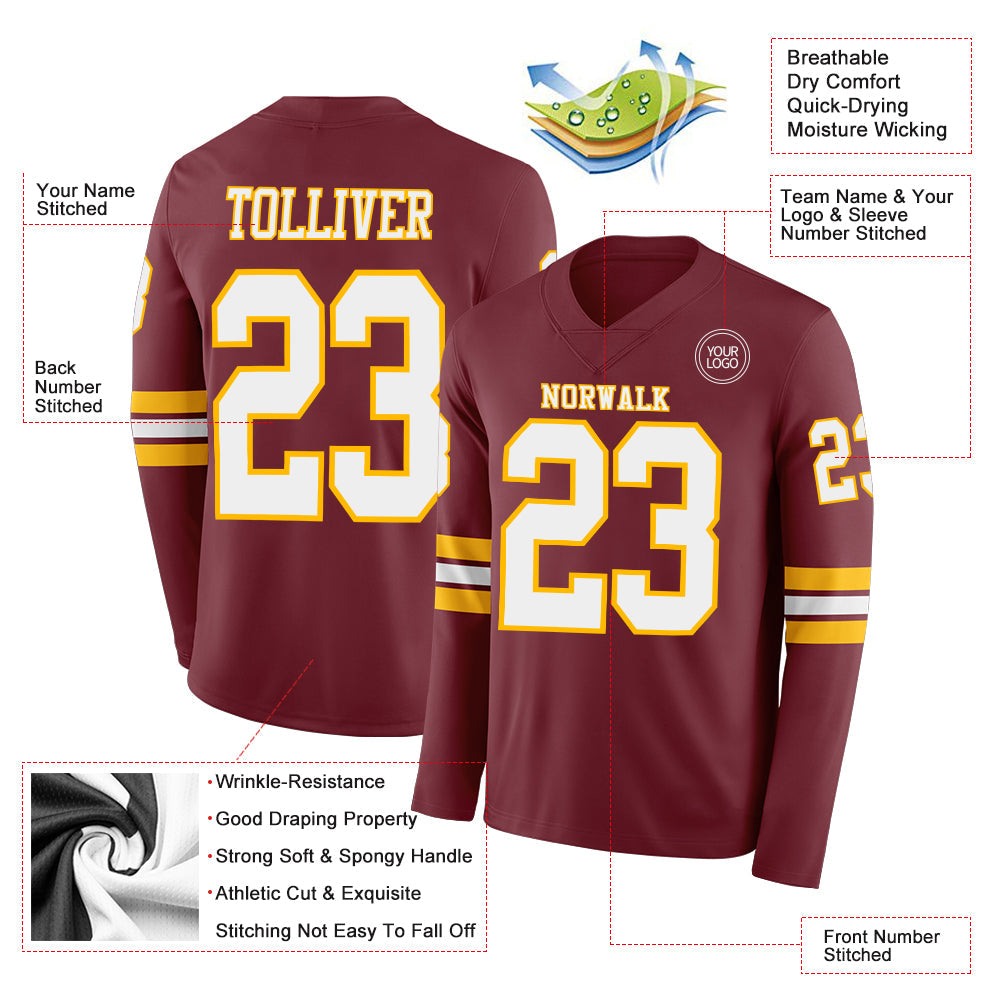 Custom Burgundy White-Gold Long Sleeve Authentic Football Jersey