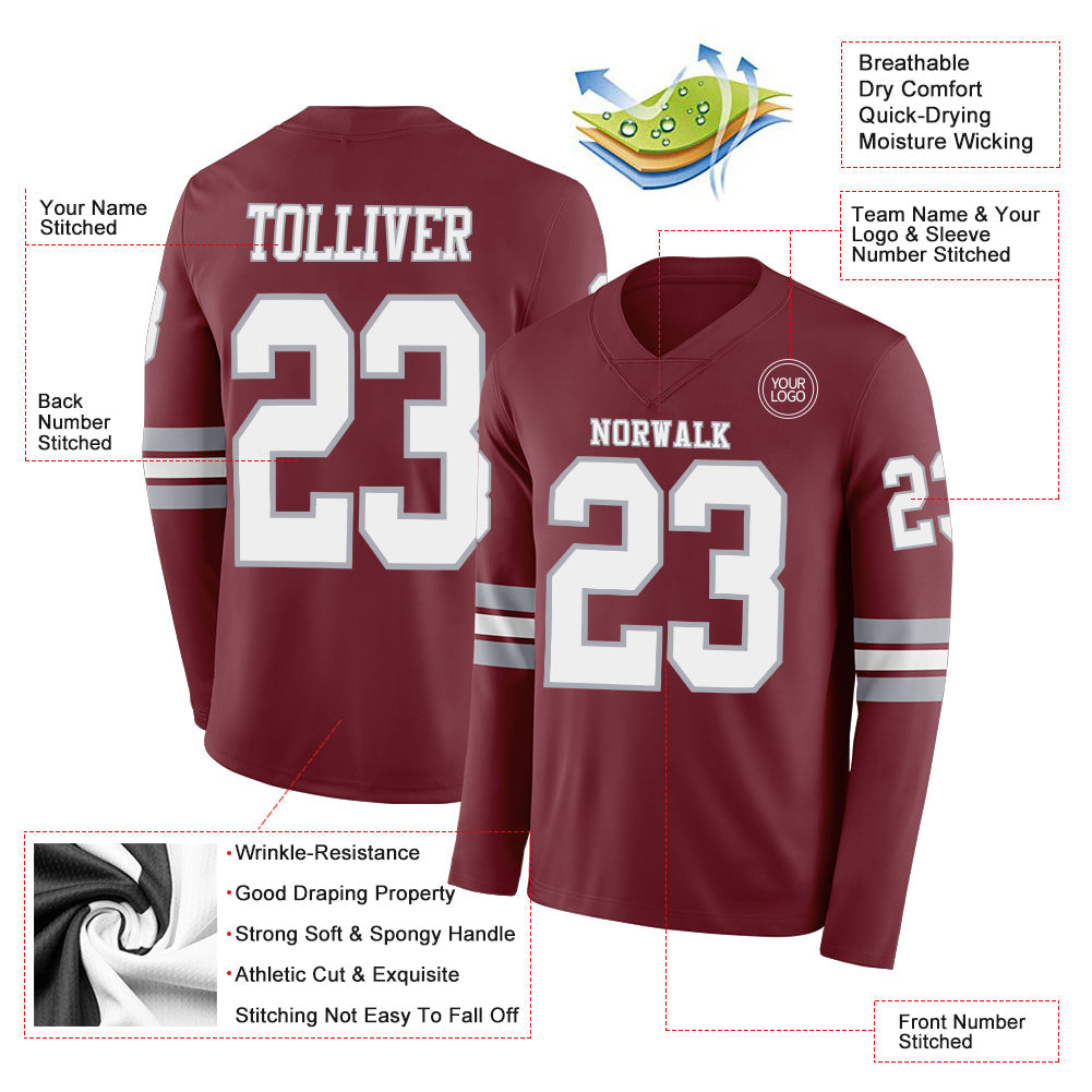 Custom Burgundy White-Gray Long Sleeve Authentic Football Jersey