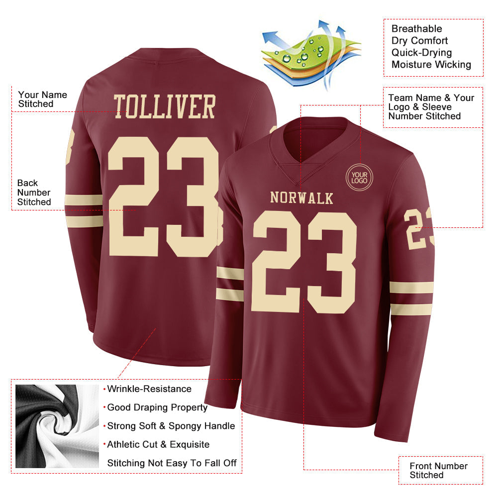 Custom Burgundy Cream Long Sleeve Authentic Football Jersey