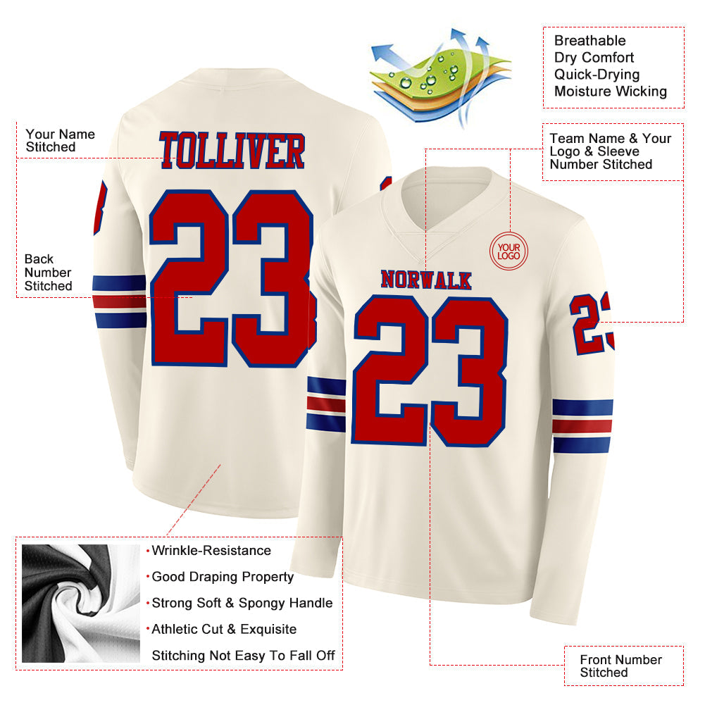 Custom Cream Red-Royal Long Sleeve Authentic Football Jersey