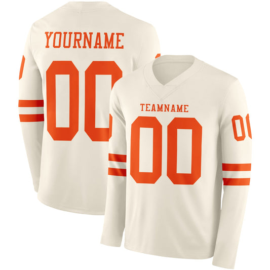 Custom Cream Orange Long Sleeve Authentic Football Jersey